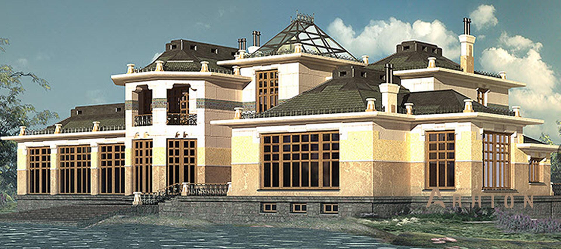 4. Проект двухэтажного дома в дворцовом стиле с многоскатной кровлей, SOV-4, площадью - 1040 кв c цокольным этажом, сауной, балконом, бассейном, эркером